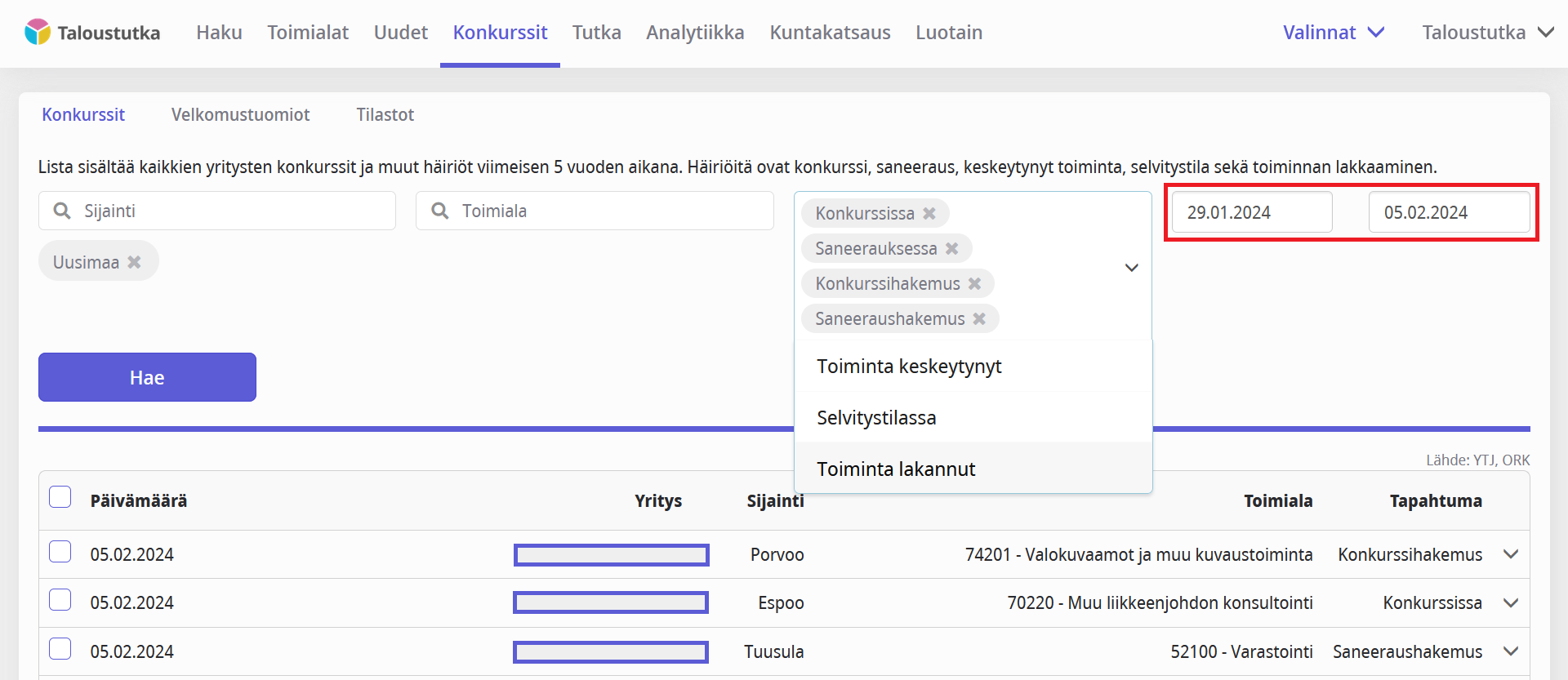 Tarkempi häiriötilojen haku